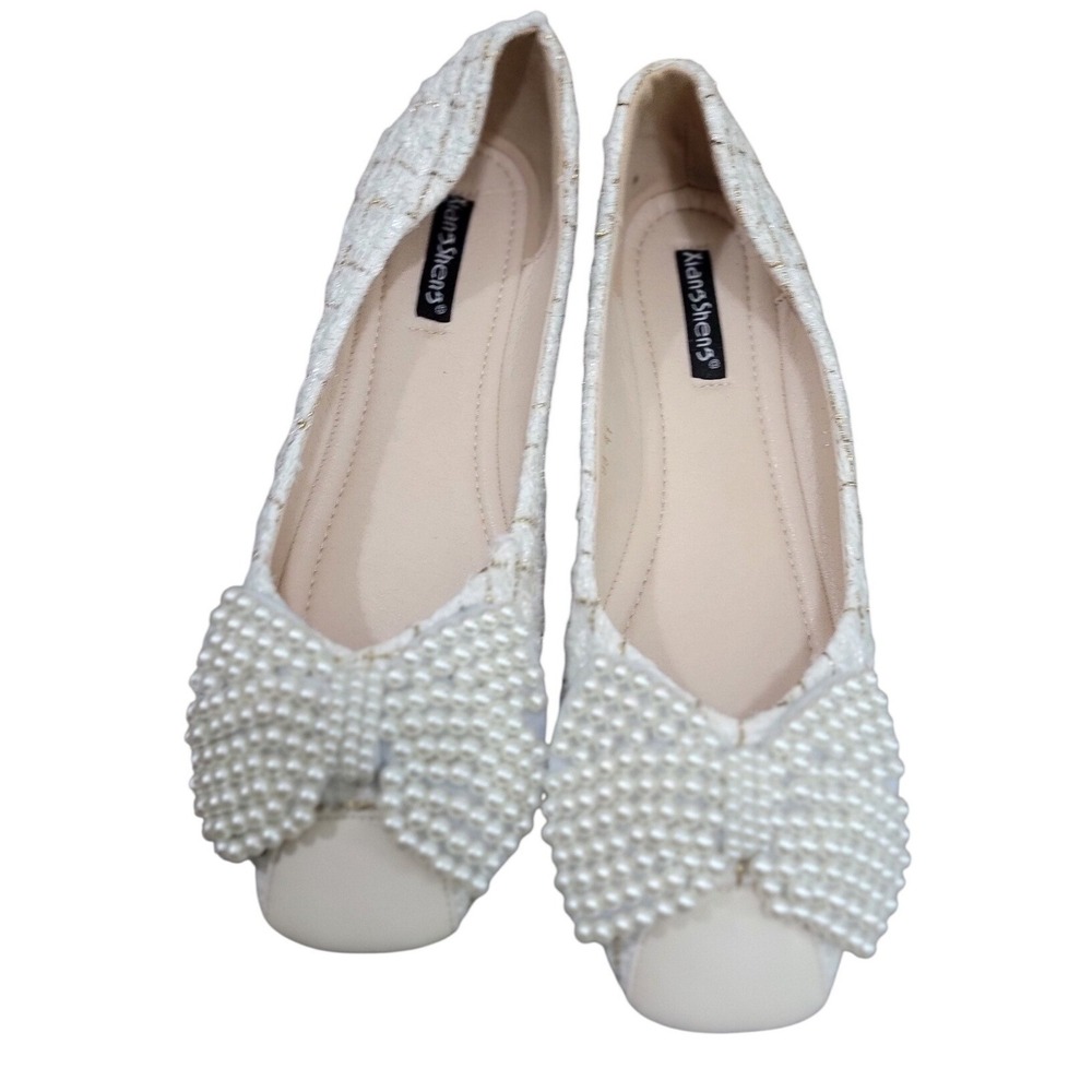 Xiansheng Cream Tweed Pearl Bow Ballet Flats Square Toe Gold Metallic Shoes 9